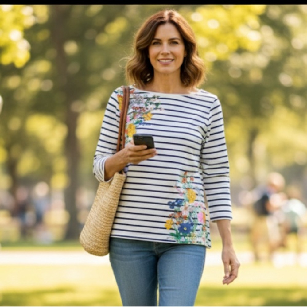 Talbots Navy Striped & Floral Pullover Thermal Tee M Casual Dorm Lounge Cizy